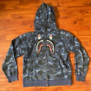 Bape Embroidered Shark Blue Camo Shark Hoodie XL Flawed